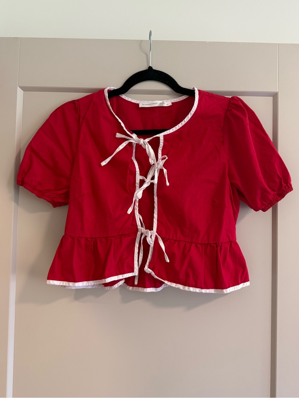 Altar’d State Brett Puff Sleeve Tie-Front Top Red, size S, like new! - Picture 3 of 6